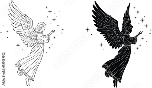 Side profile angels with wings and stars, silhouette and line art comparison, celestial spiritual beings for holiday themes, flat vector
