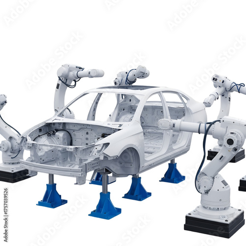 Robotic Arms Assembling a Car Chassis on Black Background