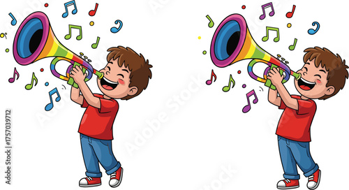 Cartoon child playing colorful trumpet with musical notes, joyful music scene, entertainment theme, vibrant illustration, kids activity, flat vector