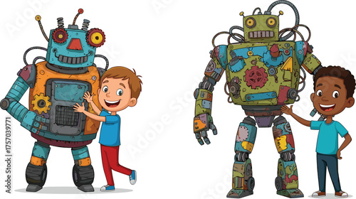Cartoon children interacting with friendly robots, colorful mechanical designs, gears, wires, joyful expressions, technology theme, imaginative play, future concept, flat vector