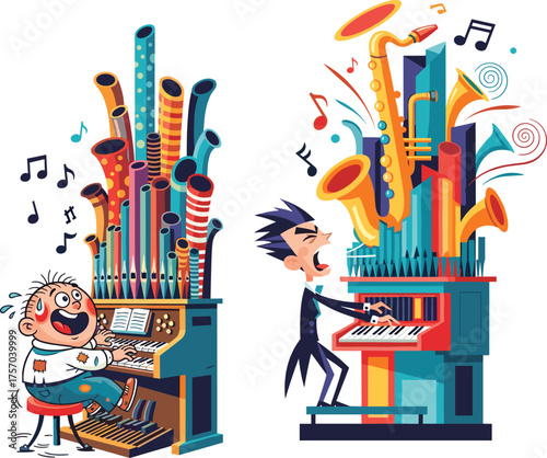 Cartoon musicians playing whimsical pipe organs with musical instruments, exaggerated expressions, colorful pipes, dynamic sound effects, humorous performance scene, flat vector