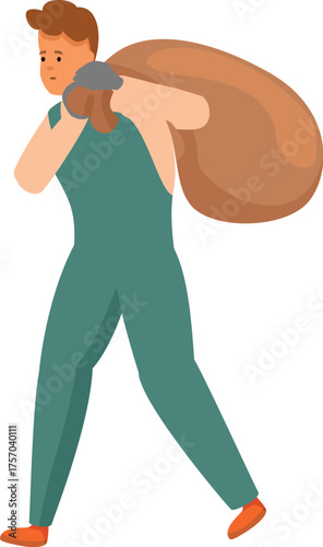 Tired worker carrying heavy sack on his back, representing hard work, physical labor and challenging jobs