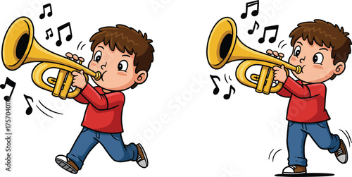 Cartoon child playing trumpet while walking and running, musical notes flying, energetic music performance scene, joyful sound illustration, flat vector