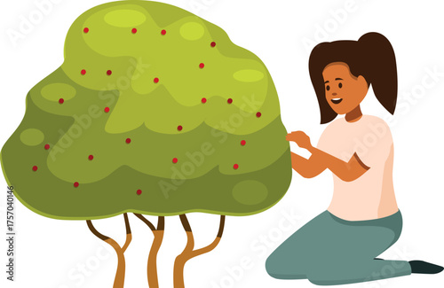Kneeling woman gently picking ripe coffee beans from a vibrant coffee plant, embodying the essence of sustainable agriculture