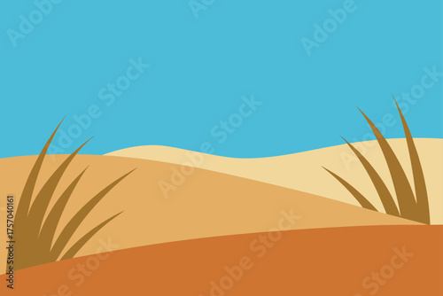 Minimalist desert landscape with sand dunes and grass under a blue sky