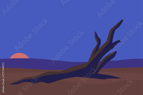 Minimalist desert landscape with dead tree and sunset