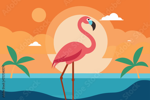 Pink flamingo standing in the ocean at sunset with palm trees