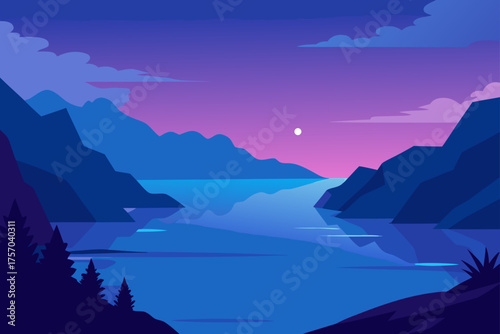 Serene mountain lake at twilight with a vibrant purple and pink sky