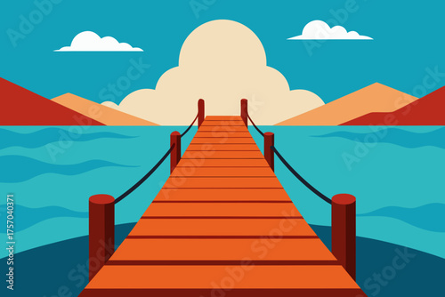 Wooden pier extending into calm blue water with mountains and clouds