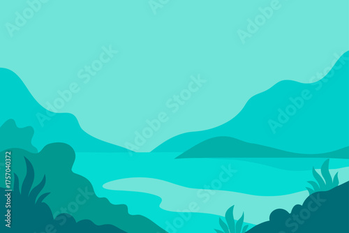 Serene teal landscape with water and mountains