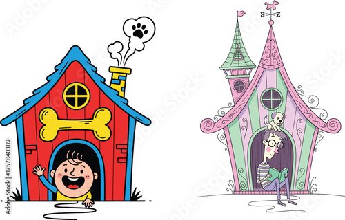 Flat vector cartoon illustration of doghouse and spooky fantasy house, child waving, skeleton reading scene, playful and mysterious architecture