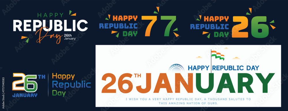 Obraz premium Indian 26 january 77 republic day text fonts design tagline, saffron, orange, green, gradient, colour, banner, poster, post, flyer, template, 