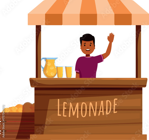 Smiling street vendor waving at wooden lemonade stand with oranges and pitcher