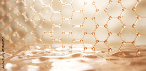 Golden molecule network forming a protective structure on glowing skin surface. Perfect for anti-aging, elasticity, and luxury skincare visuals.