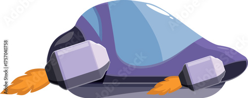 Purple futuristic vehicle flying using rocket boosters, innovative transportation concept