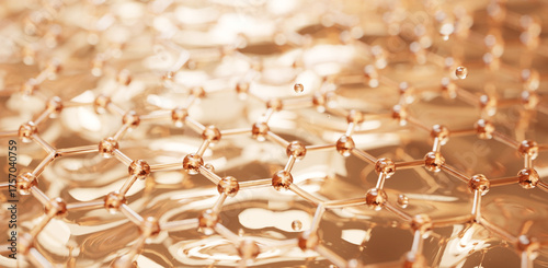 Luxury golden molecule network floating on liquid surface representing collagen skincare science and anti aging technology. Cosmetic dermatology concept for premium beauty serum and skincare innovatio