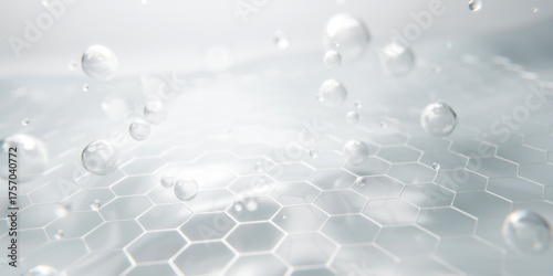 drops of waterMicroscopic skin cell structure with molecule grid and liquid bubbles symbolizing skincare hydration and cosmetic science. Dermatology technology concept for beauty treatment and skincar