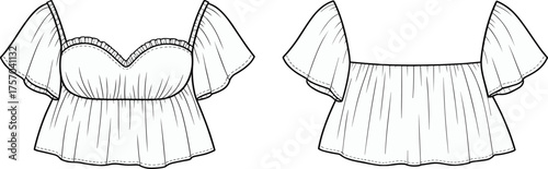 Cad drawing flat vector illustration, off-shoulder top design, peplum hem, sweetheart neckline, fashion sketch, garment construction, front and back view