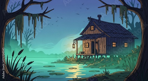 Tranquil Nighttime Swamp House Scene with Pixel Art Style and Moody Lighting