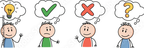 Cartoon characters with thought bubbles, idea and emotion icons, decision-making illustration, cognitive states, question mark, light bulb, check, cross