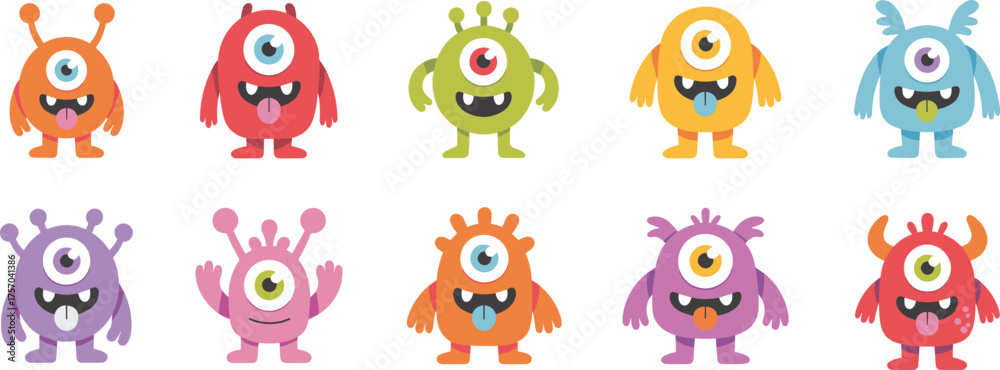 Obraz premium Cartoon one-eyed monster character set, colorful cute creatures with unique features, kids illustration, fun expressions, cad drawing flat vector illustration