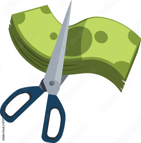 Scissors cutting a stack of money, representing cost reduction, budget cuts, and saving money