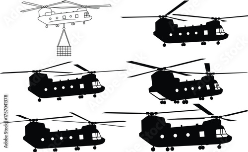 CH-47 Chinook silhouette, tandem rotor helicopter, cargo transport aircraft, military aviation, aerial perspective, technical illustration, vector set, aircraft design reference