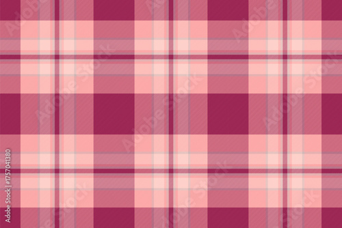 Row check pattern tartan, bandanna textile plaid fabric. Short seamless background texture vector in pink and red colors.