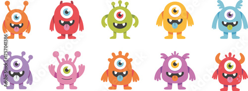 Cartoon one-eyed monster character set, colorful cute creatures with unique features, kids illustration, fun expressions, cad drawing flat vector illustration
