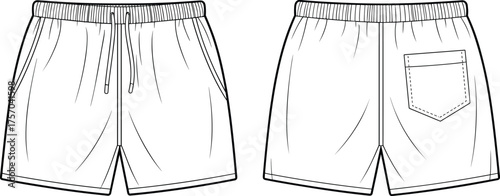 Elastic waist shorts technical fashion illustration, front and back views, drawstring, patch pocket, curved hem, cad drawing flat vector illustration