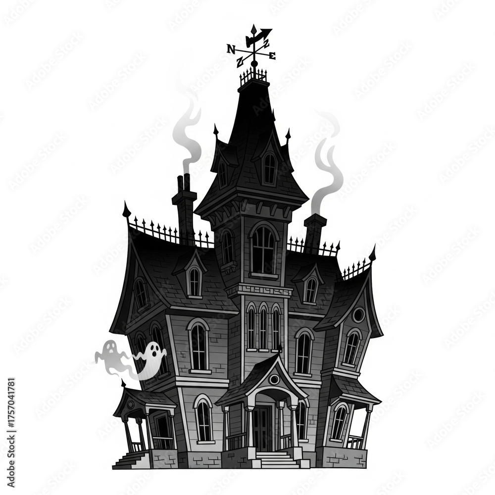 Fototapeta premium Whimsical Spooky Mansion Illustration With Ghosts and Smoke on White Background