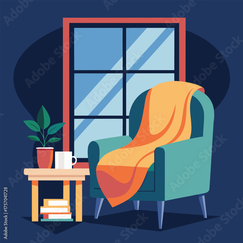 A cozy armchair with a blanket draped over it, a book, and a cup of tea, by a window..