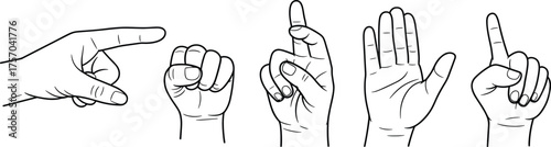 Hand gesture illustration, American Sign Language signs, finger positions, communication symbol, black and white vector, top view, educational reference, ASL art