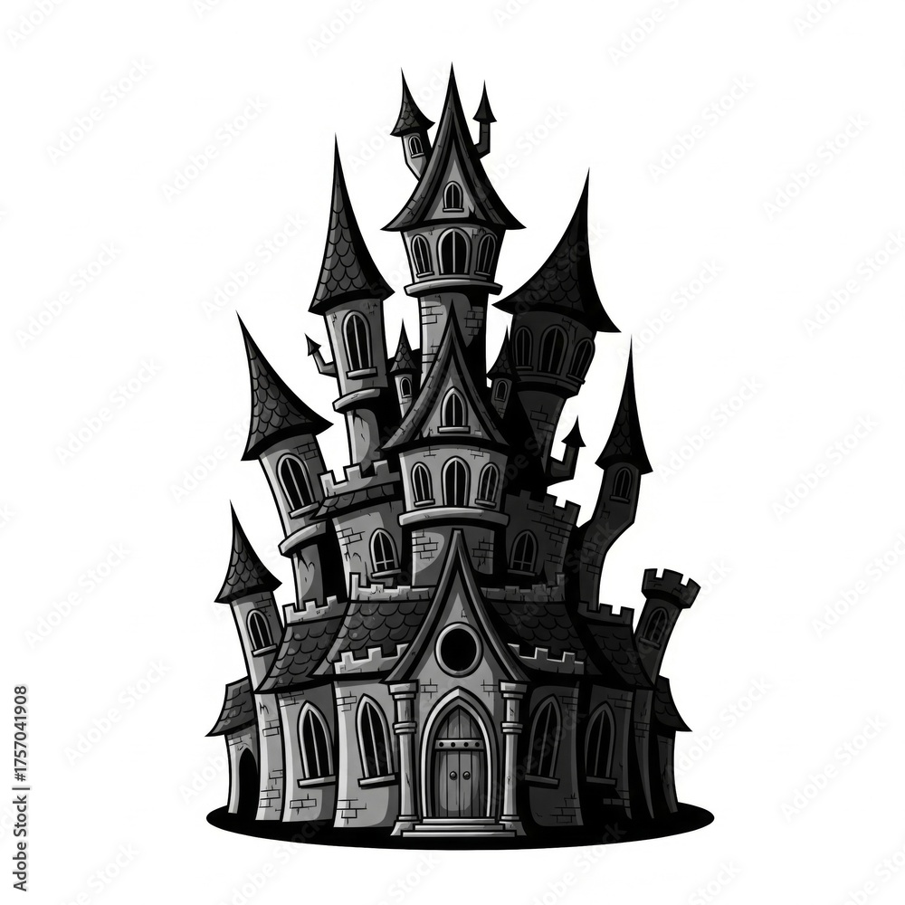 Obraz premium Monochrome Pixel Art of a Gothic Castle with Turrets and Spires on White