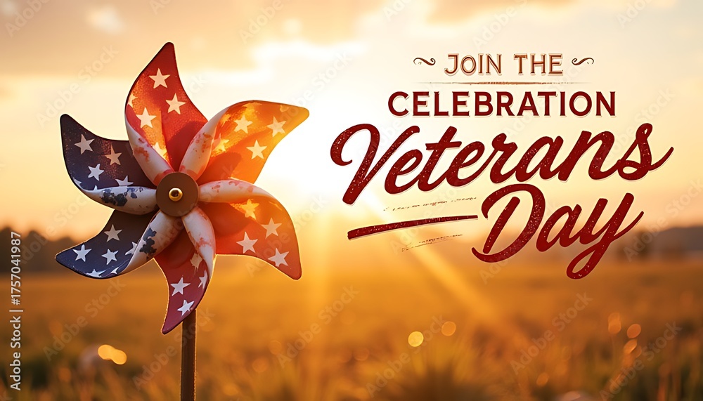 Naklejka premium Veterans day celebration with pinwheel and sunset background in a field
