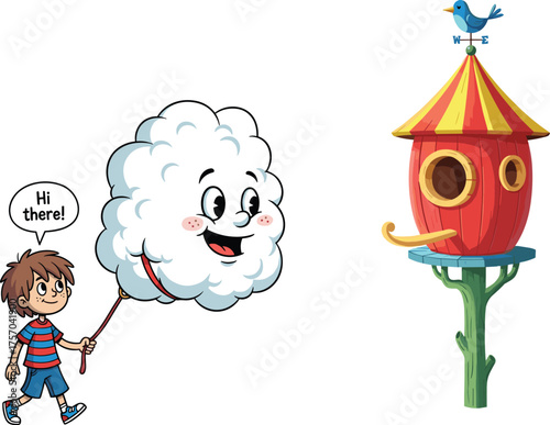 Flat vector cartoon illustration of boy with cotton candy character, colorful birdhouse, cheerful scene, playful design, child-friendly concept, outdoor fun