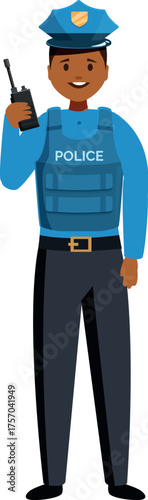 Smiling police officer holding walkie talkie, wearing bulletproof vest and uniform