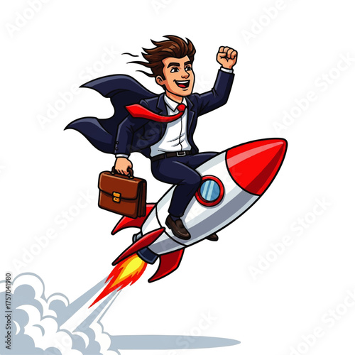 Ambitious entrepreneur soaring to future success on an innovative rocket, symbolizing rapid business growth, technological advancement, and a triumphant journey