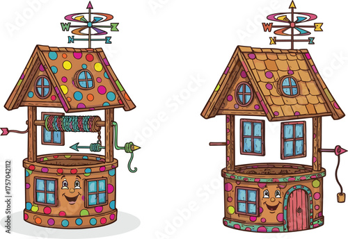 Flat vector cartoon wells with smiling faces, colorful roofs, playful crank and bucket, whimsical design, fantasy village, cheerful architecture