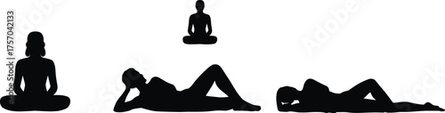 Relaxed and meditative poses, black silhouette figures, seated and reclining positions, yoga reference, rest posture illustration, human anatomy, calm lifestyle concept