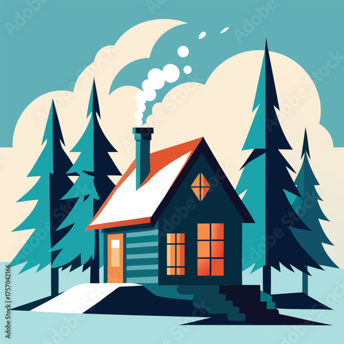  A cozy cabin or house with smoke gently rising from its chimney, nestled amongst snowdrifts and trees.
