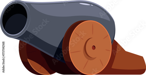 Gray metal cannon on wooden wheels ready to shoot, isolated on white background