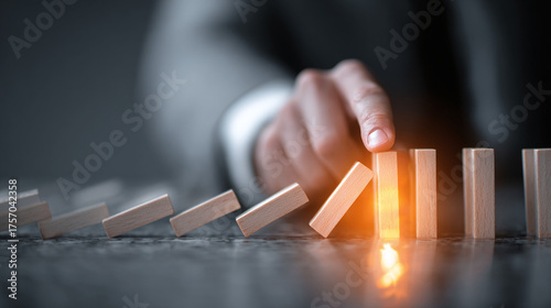 A hand stops the domino effect, symbolizing risk management and intervention. Strategy to prevent cascade of failures and protect stability.