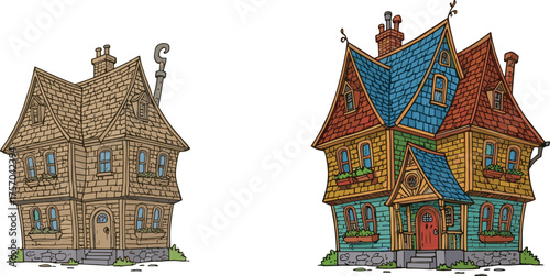 Papier peint Flat vector cartoon houses with whimsical architecture, colorful roofs, fantasy