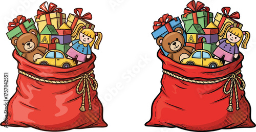 Flat vector illustration of red gift sacks filled with toys, presents, teddy bear, doll, festive holiday decoration, celebration design elements