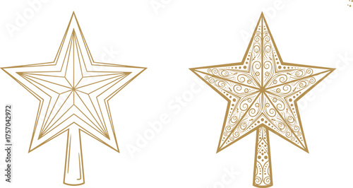 Flat vector illustration of star shaped tree toppers with gold swirl and geometric design, festive holiday decoration, elegant seasonal concept
