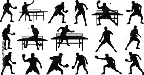 Table tennis silhouettes, ping pong players in action, dynamic poses, paddle and ball, sports vector, black figures, athletic movement, competitive game