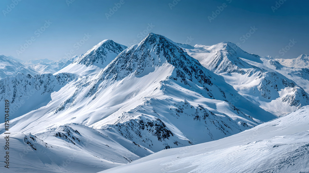 Obraz premium Snowy mountain peaks under a clear blue sky offer a stunning view of nature's winter wonderland. Majestic and serene alpine scenery.