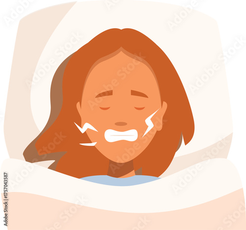 Bruxism teeth grinding problem, woman clenching her teeth while sleeping, awake nightmare, sleep disorder concept