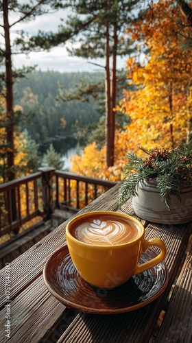 Cup of coffee on a wooden table. High-quality outdoor autumn coffee scene with yellow ceramic mug filled with cappuccino and latte art, surrounded by colorful leaves and forest backdrop.